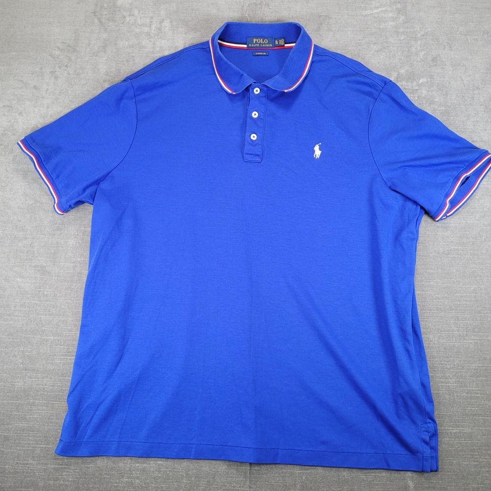 Polo Ralph Lauren Mens XL Classic Fit Blue Tipped Pique Polo Shirt Short Sleeve